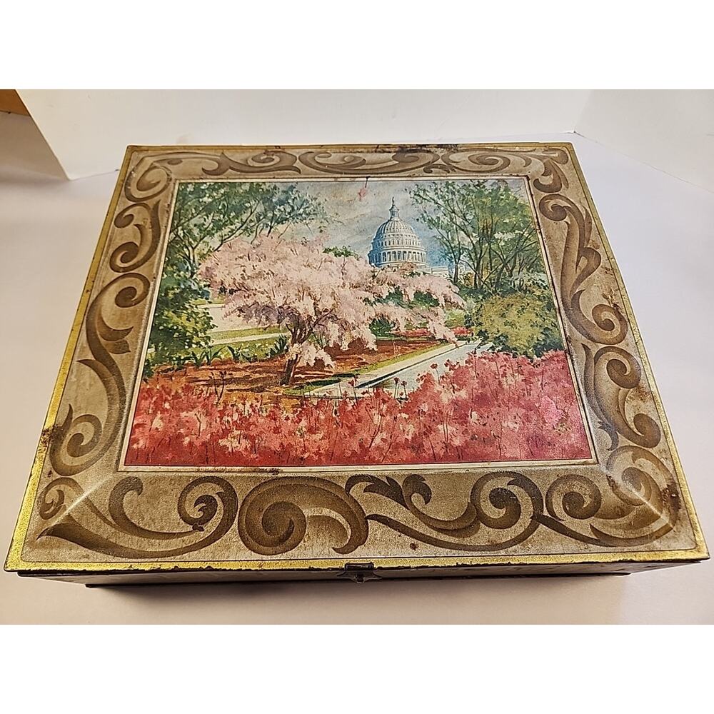 Sunshine Biscuits Empty Hinged Tin Box USA Washington DC Cherry Blossoms VTG